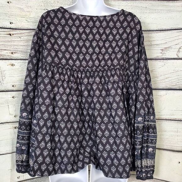 Old Navy Black White Boho Print Peasant Blouse XL Long Sleeve - Picture 4 of 7